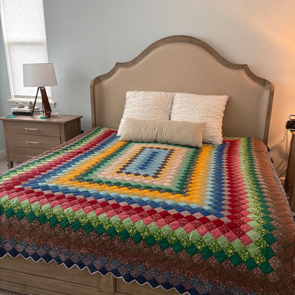 Handmade Other - Vtg Patchwork Quilt Handmade Trip Around the World Full/Queen Cottage 100x85